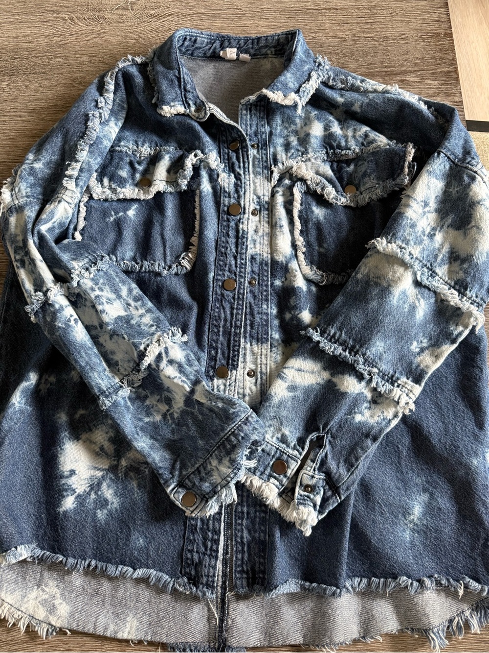 Elan Rock & Roll Tie-Dye Distressed Denim Shacket - Blue & White